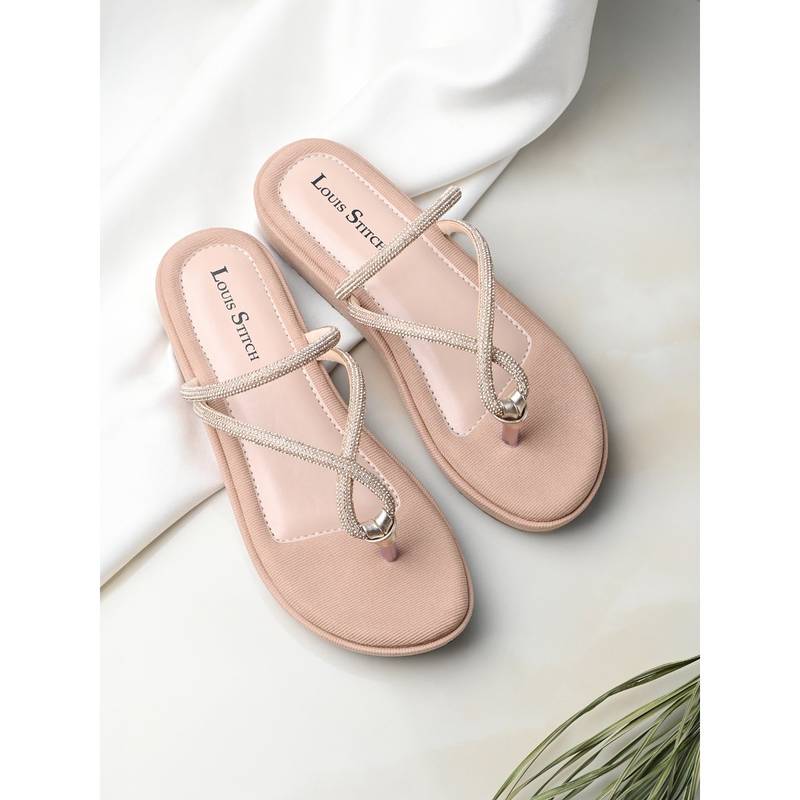 Louis Stitch Women Peach Pink Slip-On Platform T-Strap Lightweight Sandals (UK 3)