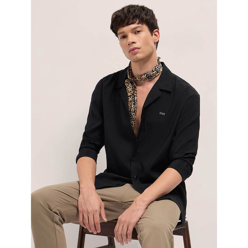 THE BEAR HOUSE Men Black Solid Cuban Collar Oversized Fit Casual Shirt (M)