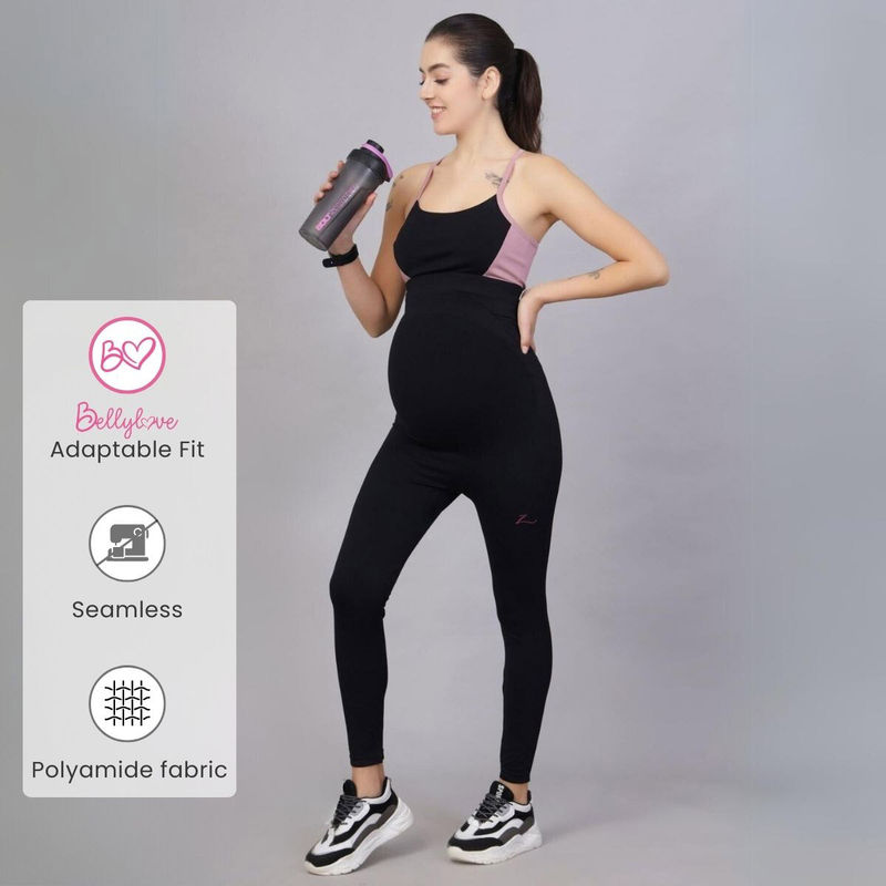 Zelena Women Polyamide Ankle Length Pregnancy Seamless Leggings with Pocket - Black (M)