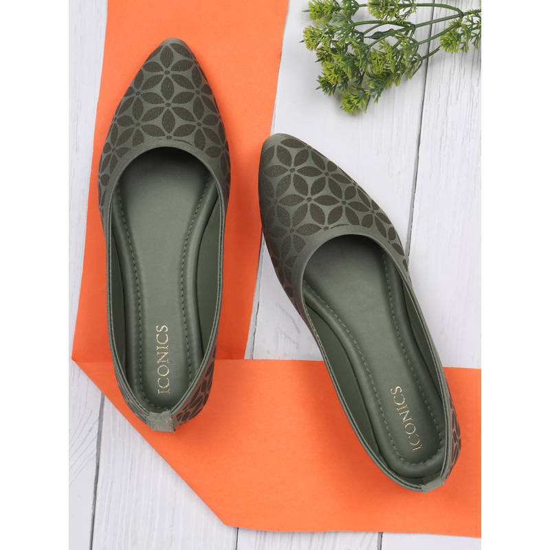 Iconics Olive Slip On Almond Toe Women Ballerinas (EURO 37)