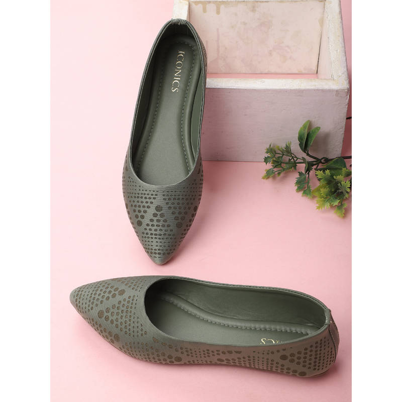 Iconics Olive Slip On Almond Toe Women Ballerinas (EURO 39)