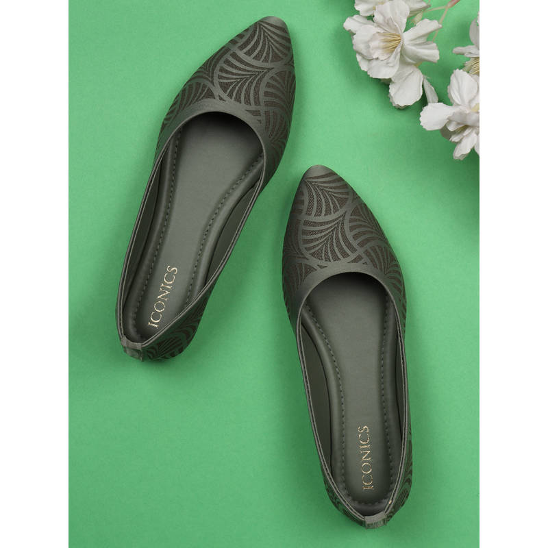 Iconics Olive Slip On Almond Toe Women Ballerinas (EURO 39)