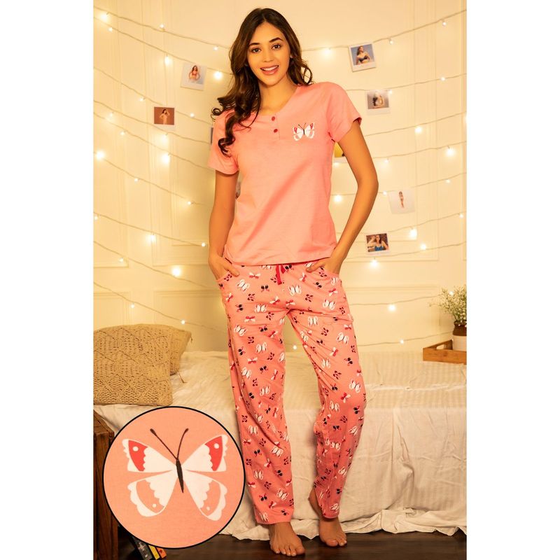 Clovia Cotton Printed Top & Pyjama Set - Pink (XL)