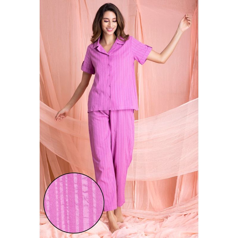 Clovia Sassy Stripes Button Me Up Shirt & Pyjama Set - Purple (XL)