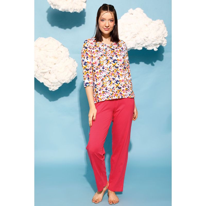 Clovia Print Me Pretty Top & Solid Pyjama Set - 100 Percent Cotton - Multi-Color (S)