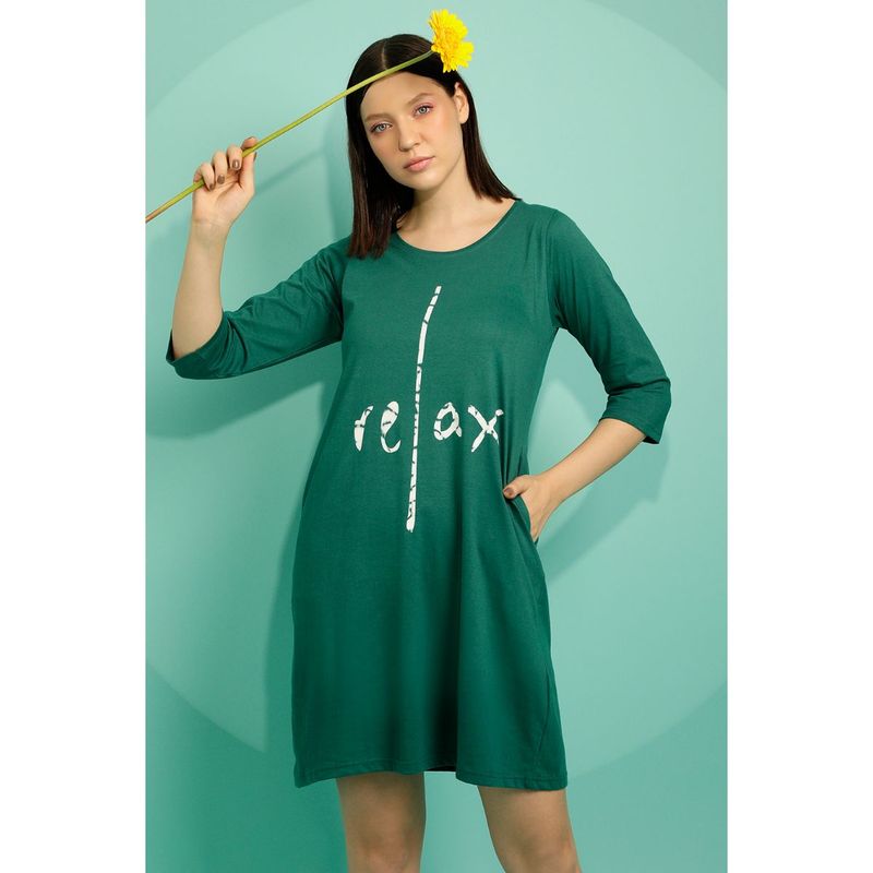 Clovia Graphic & Text Print Sleep Tee In Green- 100% Cotton (S)