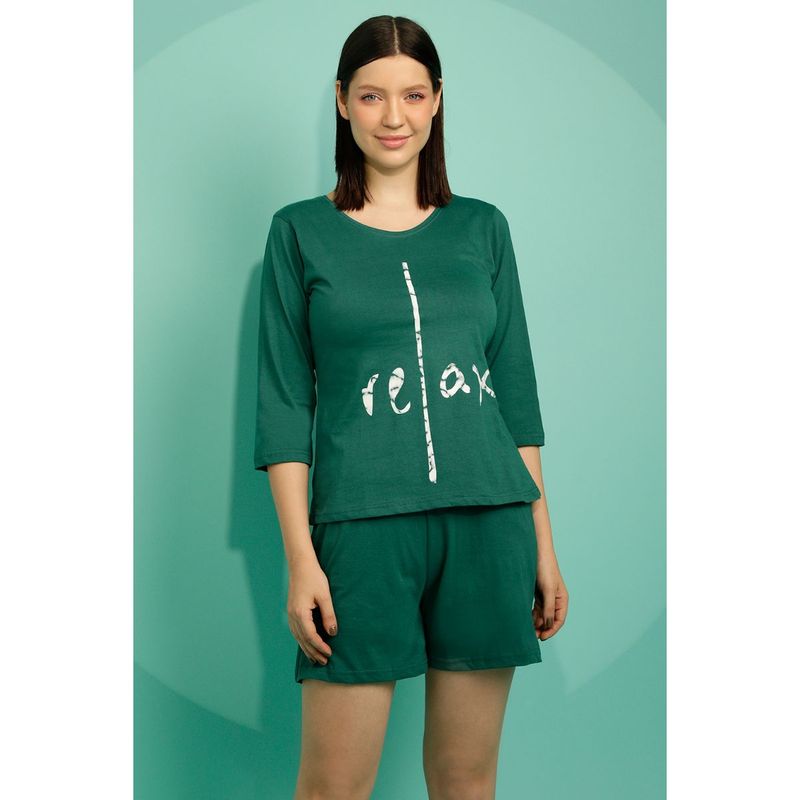 Clovia Graphic & Text Print Top & Chic Basic Shorts In Green - 100% Cotton (L)
