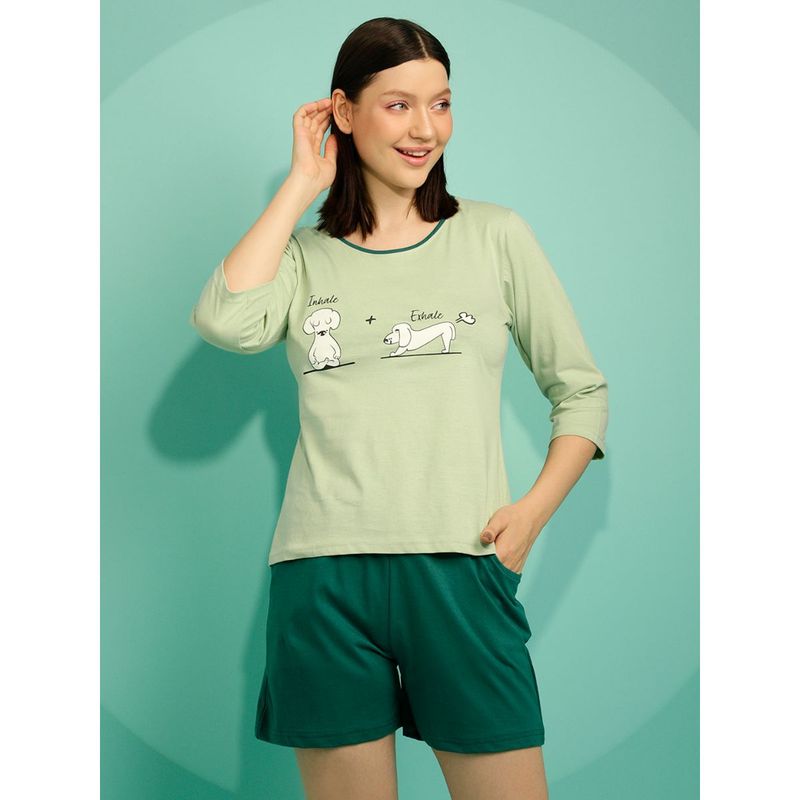 Clovia Graphic & Text Print Top & Chic Basic Shorts In Green - 100% Cotton (S)