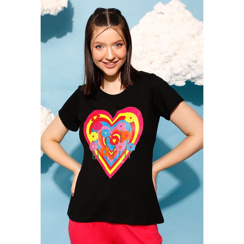 Clovia Graphic Print Top in Black - 100% Cotton (M)