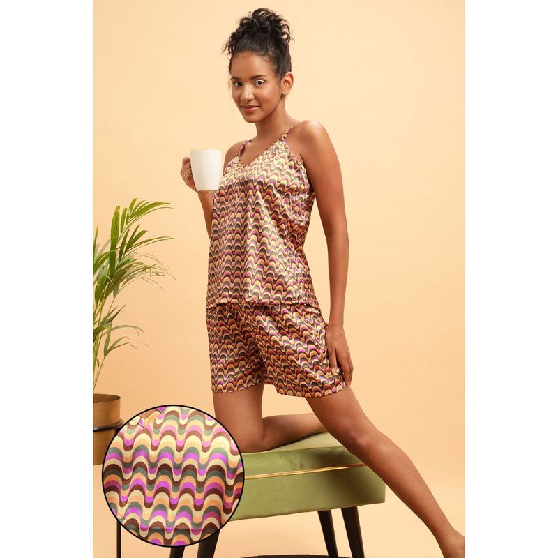 Clovia Satin Printed Top & Shorts (Set of 2) (L)