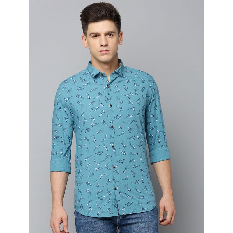 SHOWOFF Men Spread Collar Printed Turquoise Blue Slim Fit Shirt (M)