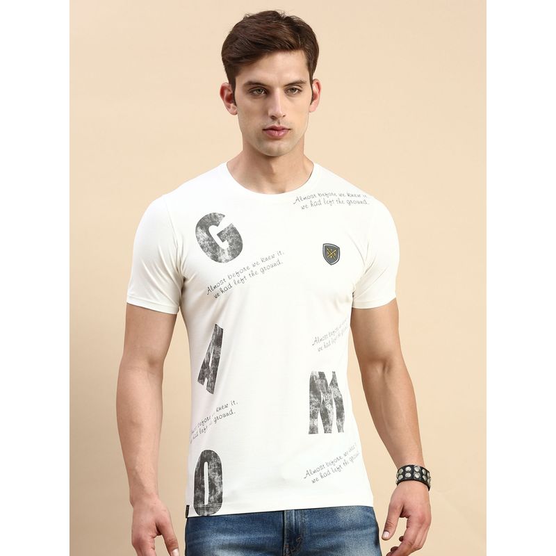 SHOWOFF Men Round Neck Short Sleeves Typography White Slim Fit T-Shirt (XL)