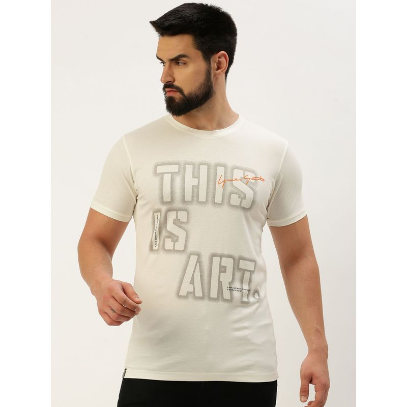 SHOWOFF Men Round Neck Short Sleeves Typography Off White Slim Fit T-Shirt (M)