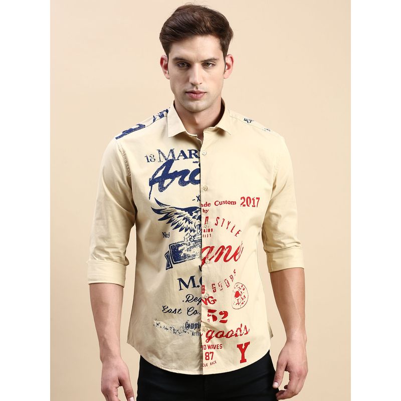 SHOWOFF Men Spread Collar Khaki Slim Fit Printed Shirt (L)