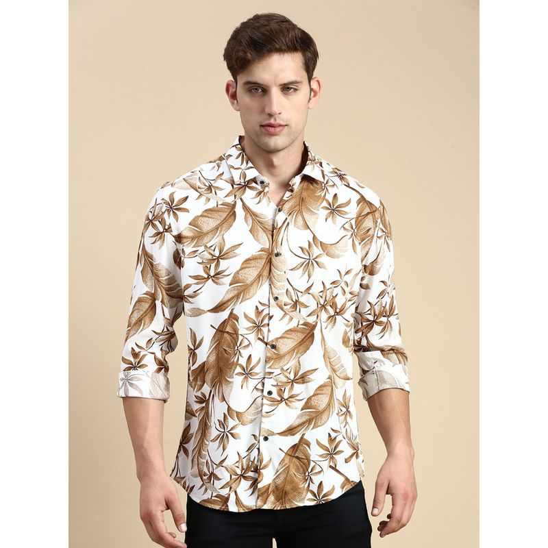 SHOWOFF Men Spread Collar Off White Slim Fit Printed Shirt (L)