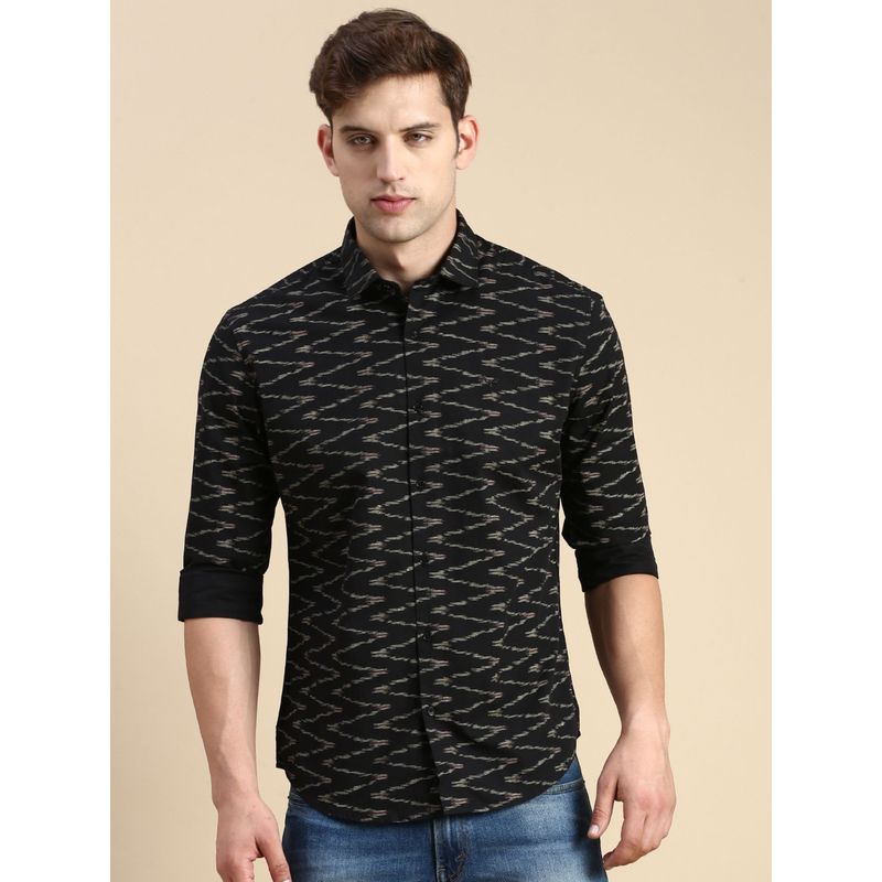 SHOWOFF Men Spread Collar Black Slim Fit Printed Shirt (XL)