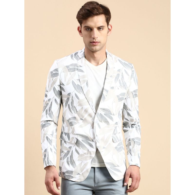 SHOWOFF Men Single Breasted Off White Printed Slim Fit Blazer (XL)