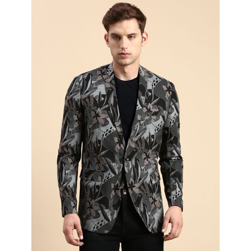 SHOWOFF Men Single Breasted Black Printed Slim Fit Blazer (XL)