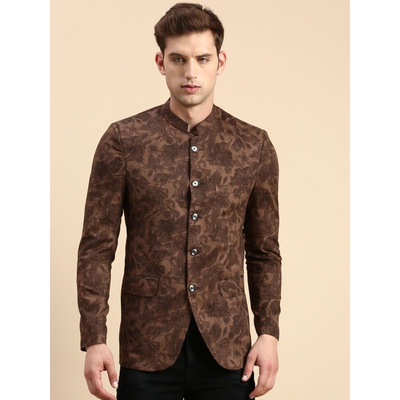 SHOWOFF Men Printed Mandarin Collar Slim Fit Bandhgala Brown Blazer (XL)