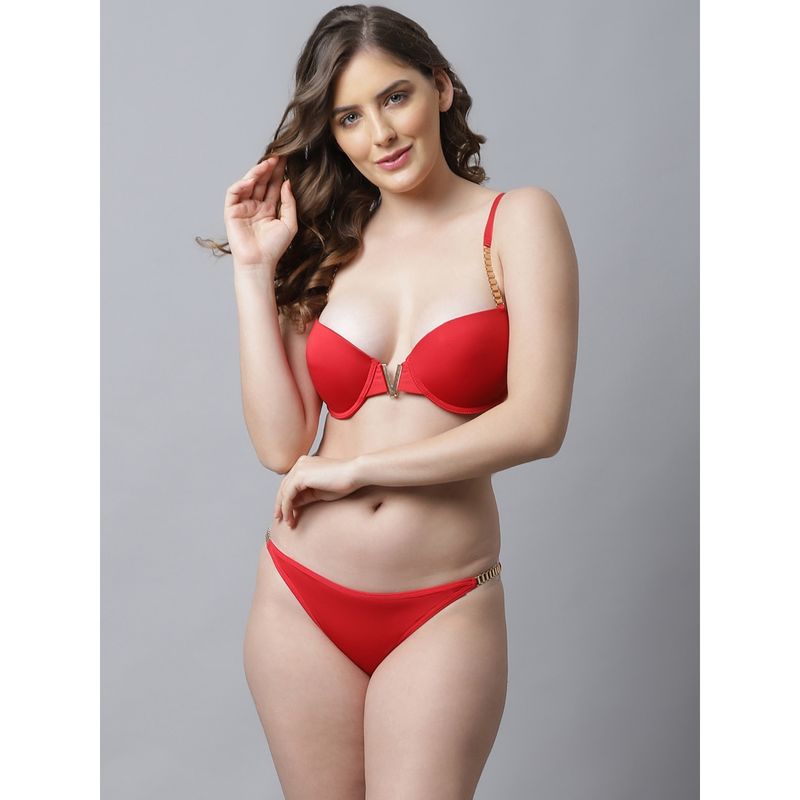 Prettycat Beautiful Chain Strap Plunge Bra Panty Lingerie Set - Red (36C)