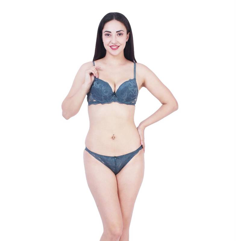 BRACHY Womens Lace Under-Wired Bra and Panty Green (Set of 2) (32A)