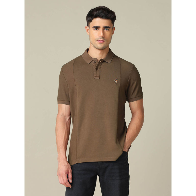 U.S. Polo Assn. Denim Co. Men's Brown Pure Cotton Muscle Fit Polo T-shirt (S)