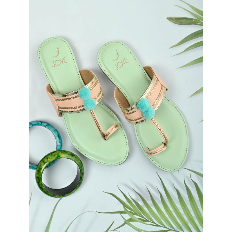 Jove Women Peach Solid One Toe Flat Kolhapuris (EURO 36)