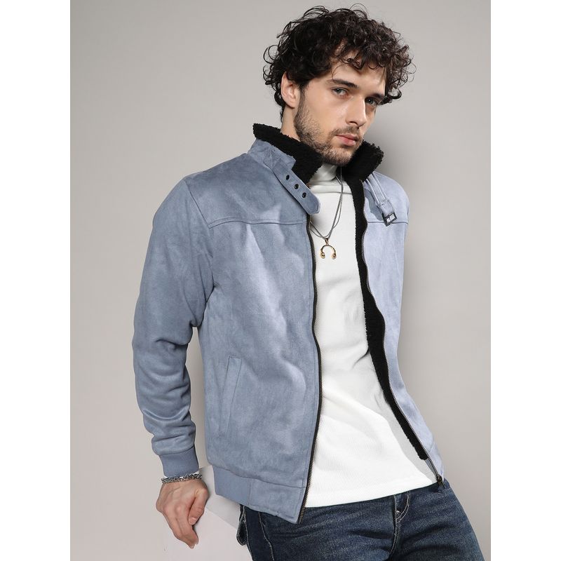 Campus Sutra Mens Grey Zip-Front Jacket with Fleece Detail (L)