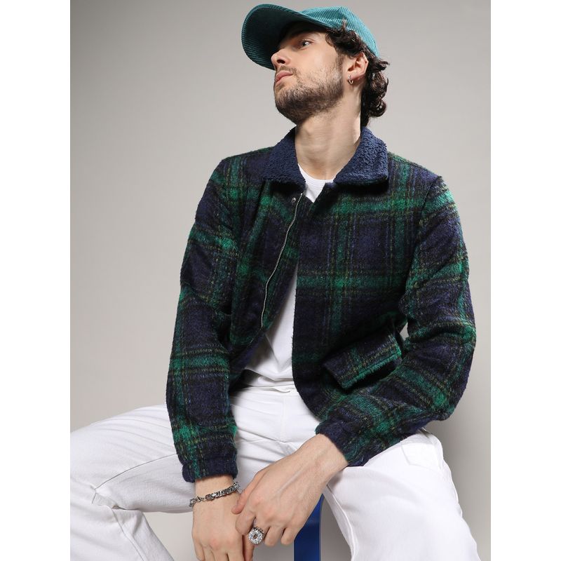 Campus Sutra Mens Navy Blue & Green Tartan Plaid Jacket with Fleece Collar (L)