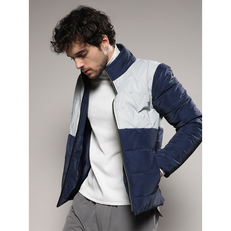 Campus Sutra Mens Navy Blue & Moon Grey Parachute Puffer Jacket (XL)
