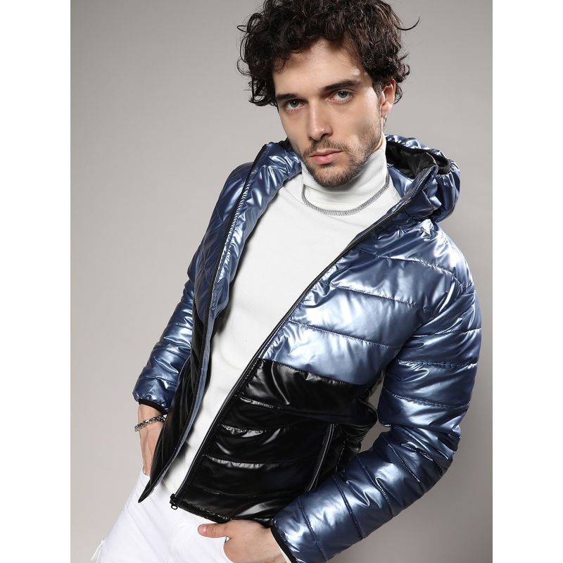 Campus Sutra Mens Electric Blue & Carbon Black Metallic Quilted Puffer Jacket (L)