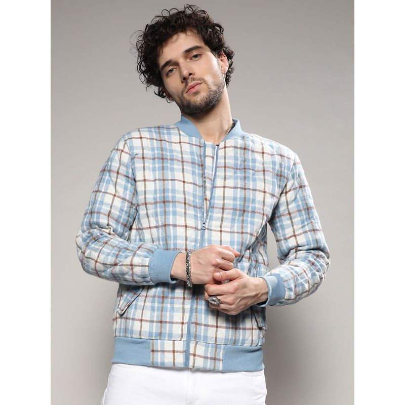Campus Sutra Mens Icy Blue & Brown Tartan Plaid Bomber Jacket (XL)