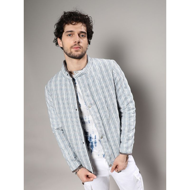 Campus Sutra Mens White & Light Grey Striped Quilted Bomber Jacket (S)
