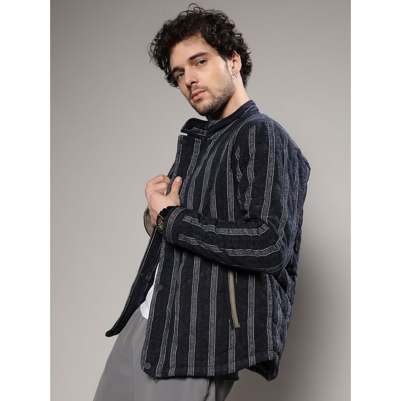 Campus Sutra Mens Navy Blue Fleece Block Denim Jacket (M)