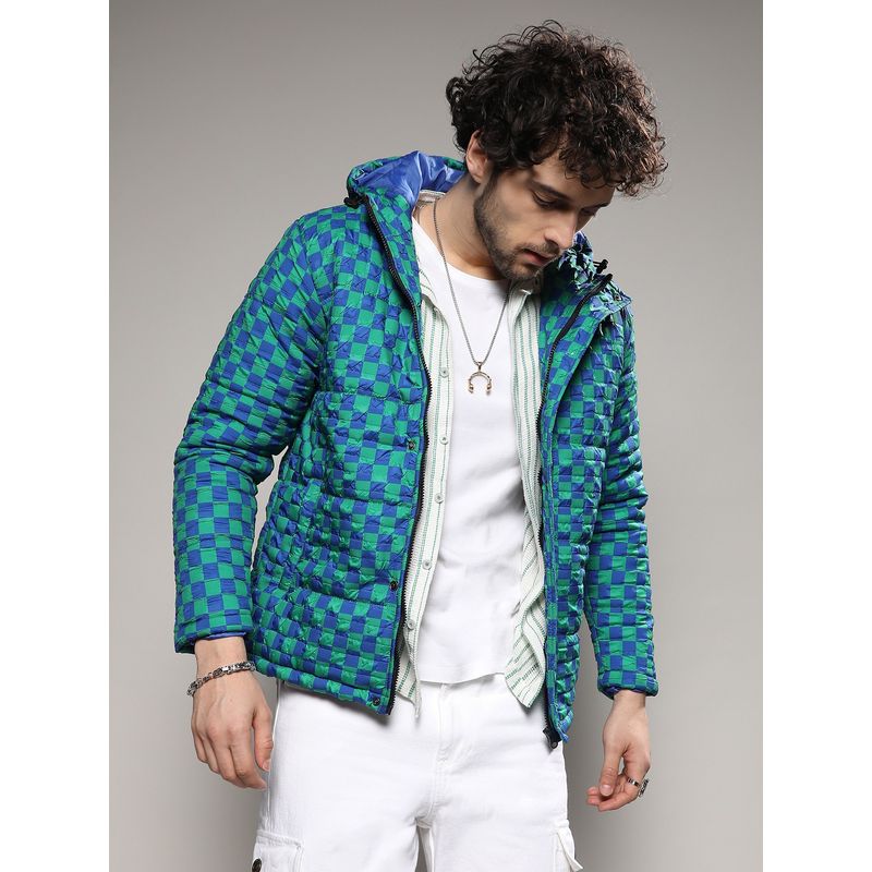 Campus Sutra Mens Royal Blue & Shamrock Green Micro Buffalo Check Puffer Jacket (M)