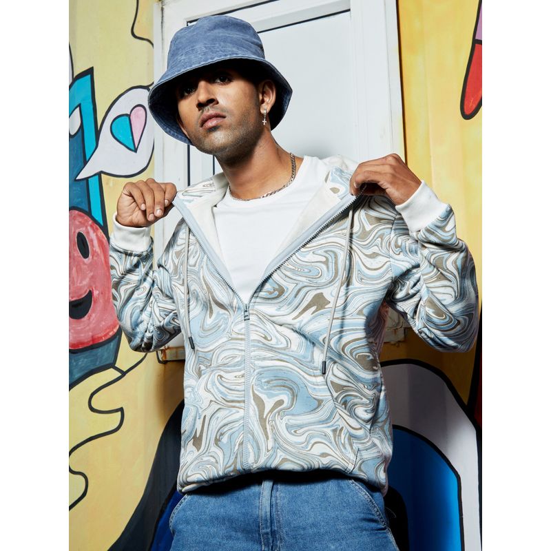 Campus Sutra Mens Icy Blue & Olive Green Contrast Fluid Zip Front Hoodie (XL)