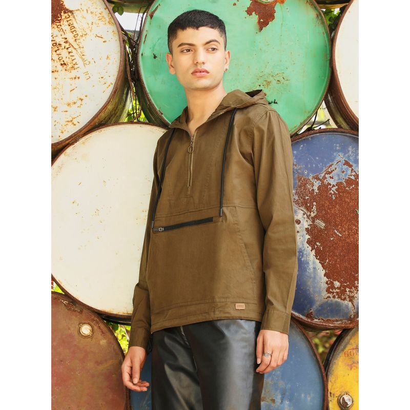 Campus Sutra Mens Olive Half-Zip Utility Jacket with Contrast Drawstring (XL)