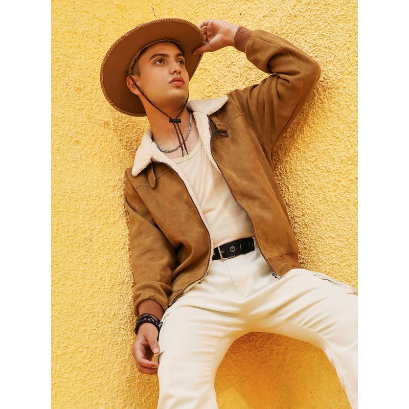 Campus Sutra Mens Brown Zip-Front Jacket with Fleece Detail (L)