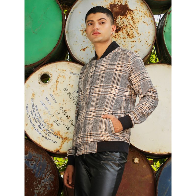 Campus Sutra Mens Grey Tartan Plaid Jacket with Ribbed Hem (L)