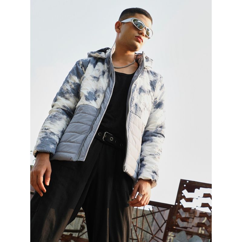 Campus Sutra Mens White & Light Grey Tie-Dye Block Puffer Jacket (L)