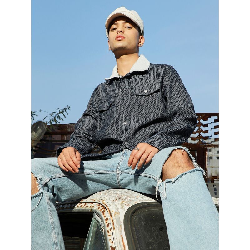 Campus Sutra Mens Denim Blue Fleece Polka Dot Denim Jacket (L)