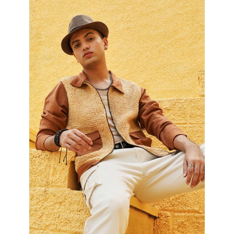 CAHOOT Mens Tan Brown Contrast Sherpa Jacket (M)