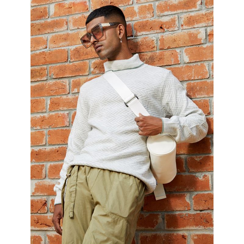 Campus Sutra Mens Light Grey Herringbone Solid Pullover Sweater (L)