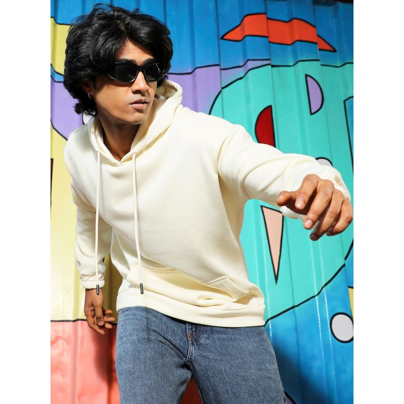 Campus Sutra Mens Light Yellow Oversized Pullover Sweatshirt with Kangaroo Pocket (S)