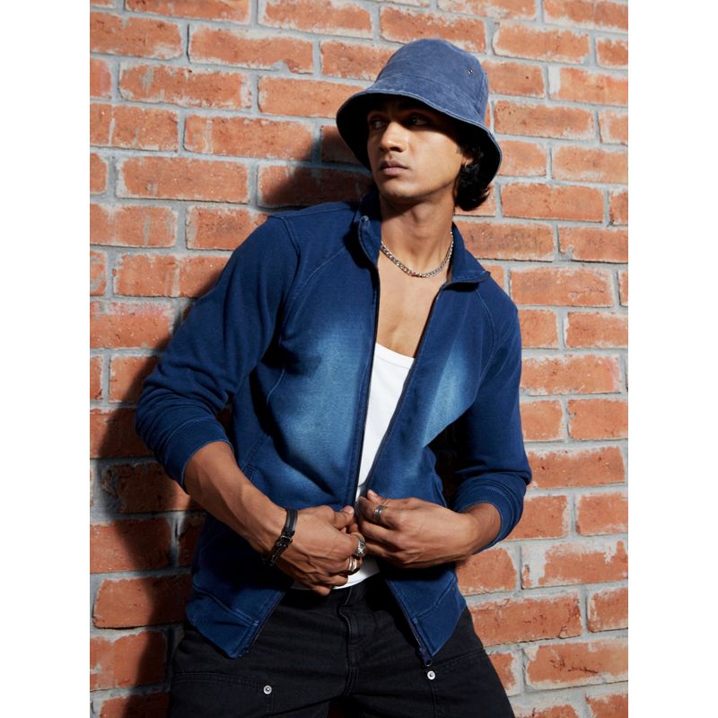 Campus Sutra Mens Navy Blue Zip-Front Dark-Wash Denim Jacket (S)