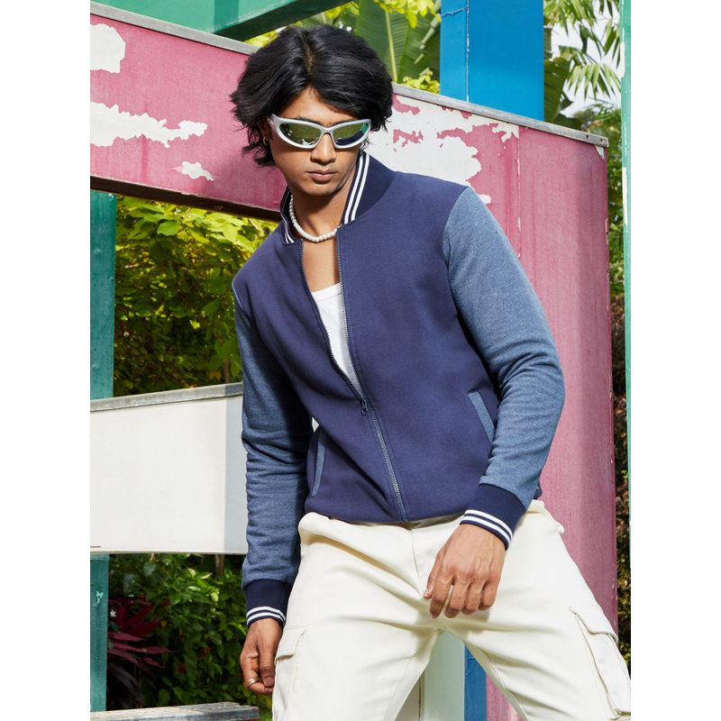 Campus Sutra Mens Navy Blue Zip-Front Jacket with Contrast Striped Hem (S)