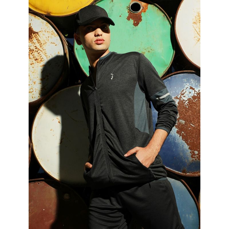 Campus Sutra Mens Black Heathered Activewear Jacket with Contrast Detail (S)