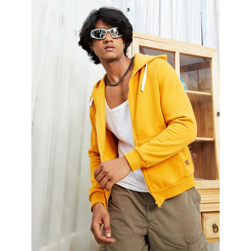 Campus Sutra Mens Mustard Yellow Zip-Front Hoodie with Contrast Drawstring (S)