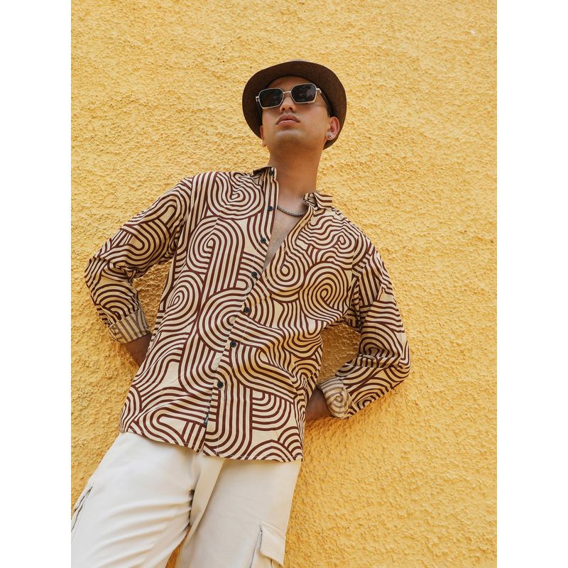 Campus Sutra Mens Beige & Brown Contrast Lines Shirt (L)