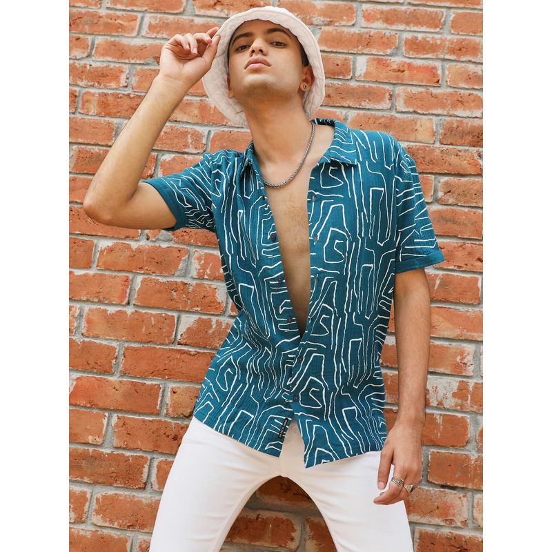 Campus Sutra Mens Teal Blue Abstract Lines Print Shirt (S)